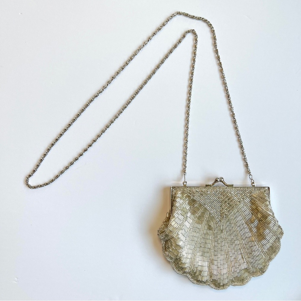 Vintage Elegant Silver Beaded Cocktail Purse with Long Metal Chain